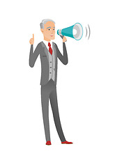 Image showing Caucasian businessman talking into loudspeaker.