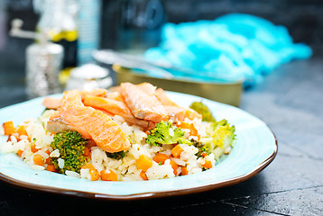 Image showing salmon and rice with broccoli