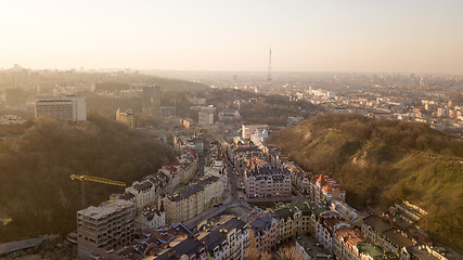 Image showing A bird\'s eye view, aerial view shooting from drone of the Podol district, oldest historical center of Kiev, Ukraine.