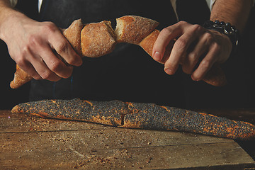 Image showing Hand breaks baguette