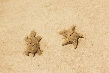 Image showing sand shapes of turtle and starfish on summer beach