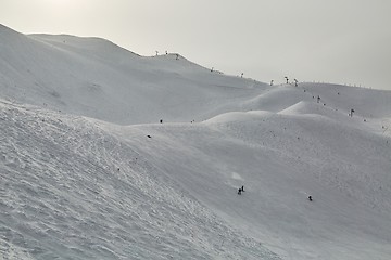 Image showing Skiing slopes, snowy Alpine landscape