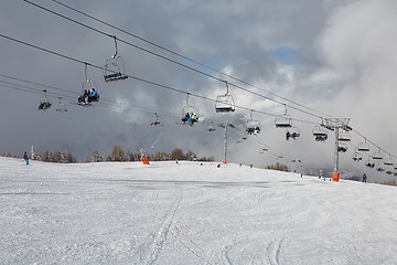 Image showing Skiing slopes, with many people