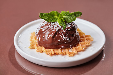 Image showing A scoop of chocolate ice cream on a waffle with coconut flakes and leaves of mince in a white plate on a glossy brown table with copy space. Sweet dessert