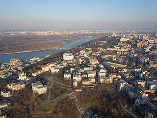 Image showing Aerial view of Saint Andrew church. The old town of Kiev, the Podile district