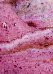 Image showing Structure of melting chocolate and fruits ice cream. Creative background close-up.