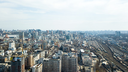 Image showing Aerial view of Kiev city center, railway tracks and construction of high-rise buildings, Ukraine