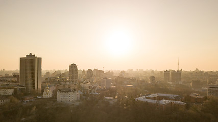 Image showing Skyline bird eye aerial view of the city Kyiv center on beautiful sunset, Ukraine