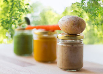 Image showing vegetable puree or baby food in glass jars