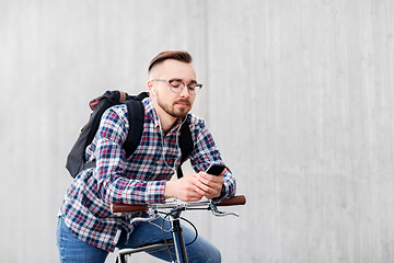 Image showing hipster man with fixed gear bike and backpack