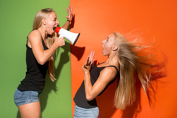 Image showing Woman making announcement with megaphone