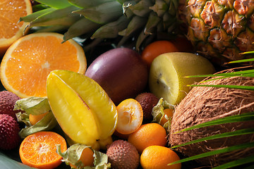 Image showing Fresh exotic organic fruits close up as natur background