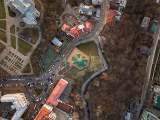 Image showing Aerial top view of Saint Andrew\'s church from above in Kiev city