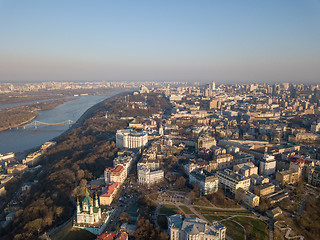 Image showing Kiev, Ukraine - April 7, 2018: Aerial view of Saint Andrew church. The old town of Kiev, the Podile district