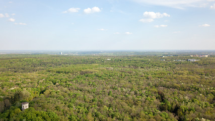 Image showing Panoramic view of green forest and blue sky. Photo from the drone