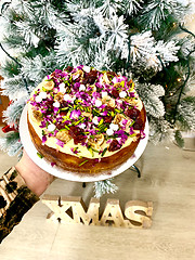 Image showing Delicious orange cake with persian figs and pistachio at Christmas