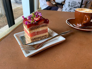 Image showing Strawberry and watermelon layer cake with cappuccino