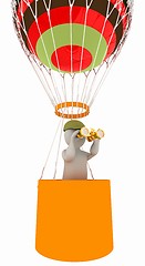 Image showing 3d man with binoculars in hand on the air balloon. 3d render