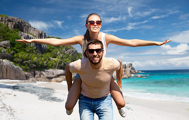 Image showing happy couple having fun on seychelles island