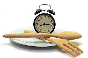 Image showing Alarm clock with fork and knife on the plate