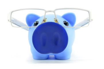 Image showing Blue piggy bank with glasses