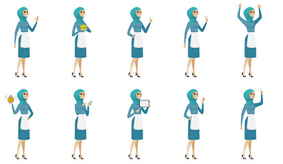 Image showing Young muslim cleaner vector illustrations set.