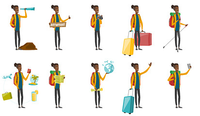 Image showing Young african traveler vector illustrations set.