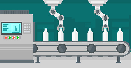 Image showing Robotic arm working on conveyor belt with bottles.