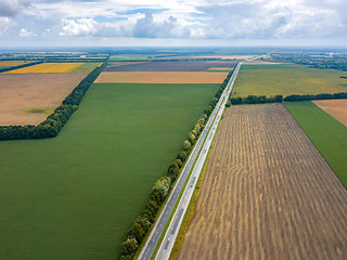 Image showing Aerial view from drone of road through beautiful green field in the evening in summer.