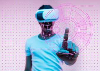 Image showing Young african-american man\'s touching virtual reality in neon light