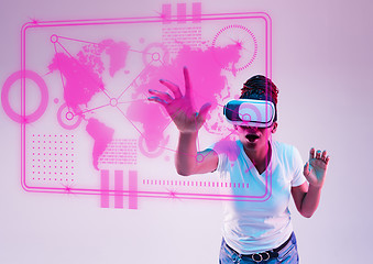 Image showing Young african-american woman\'s using VR-glasses in neon light