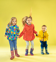 Image showing A full length portrait of a bright fashionable kids in a raincoat