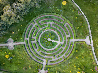 Image showing Aerial view of a natural labyrinth in the garden. Photo from the drone