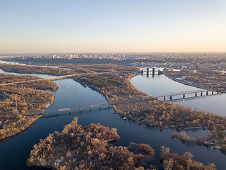 Image showing Panoramic view of the right bank of Kiev and the flood of the Dnieper river at sunset