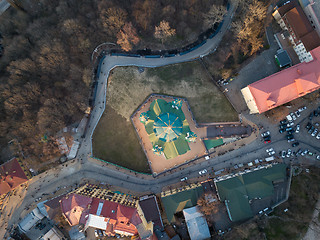 Image showing Famous saint Andrew\'s church in Kiev aerial top view, Ukraine