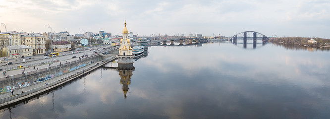 Image showing Beautiful View of the Dnieper river, church of St. Nicholas on the water, River station, Havana bridge and Naberezhno-Kreschatitska street in Kiev, Ukraine.