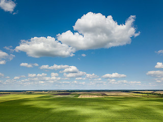 Image showing Beautiful rural lanscape with blue sky and white clouds, agricultural fields, meadows, green trees. Panoramic view from drone in a summer day.