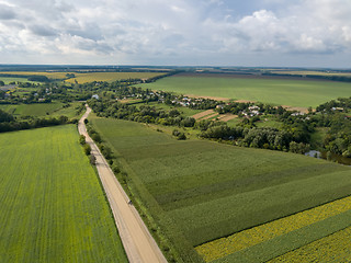 Image showing Aerial view from a bird\'s-eye view to a rural landscape with a village, dirt road and agricultural fields of planted crops.