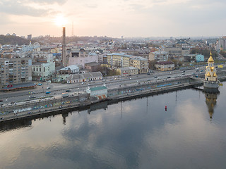 Image showing Panoramic view of the Podol district and church of St. Nicholas on the water Kiev city, Ukraine