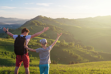 Image showing Happy father and son in the Altai mountains