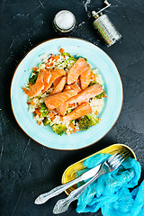 Image showing salmon and rice with broccoli