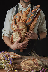 Image showing Variety of bread hold men\'s hands