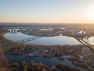 Image showing Panoramic view of the city of Kiev and bridges and the Dnieper river at sunset