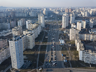 Image showing A bird\'s eye view from drone to the Darnyts\'kyi district of Kiev, Ukraine with modern buildings in a spring sunny day.