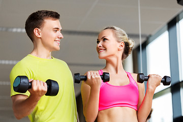 Image showing couple with dumbbells exercising in gym