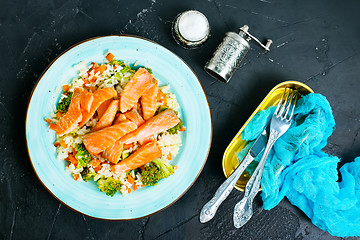 Image showing salmon and rice with broccoli