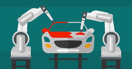 Image showing Robotic arm painting car in a production line.