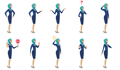 Image showing Young muslim stewardess vector illustrations set.