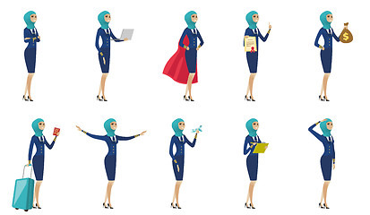 Image showing Young muslim stewardess vector illustrations set.