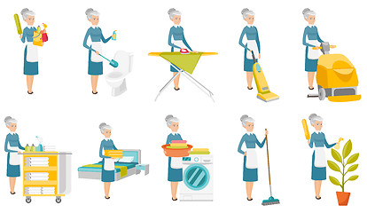 Image showing Senior caucasian cleaner vector illustrations set.